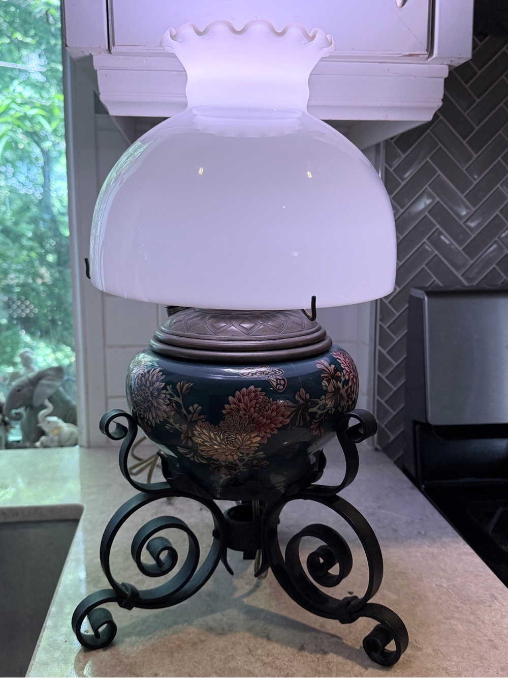 Vintage Gone With The Wind Lamp Chinoiserie Teal Ceramic Wrought Iron Milk glass